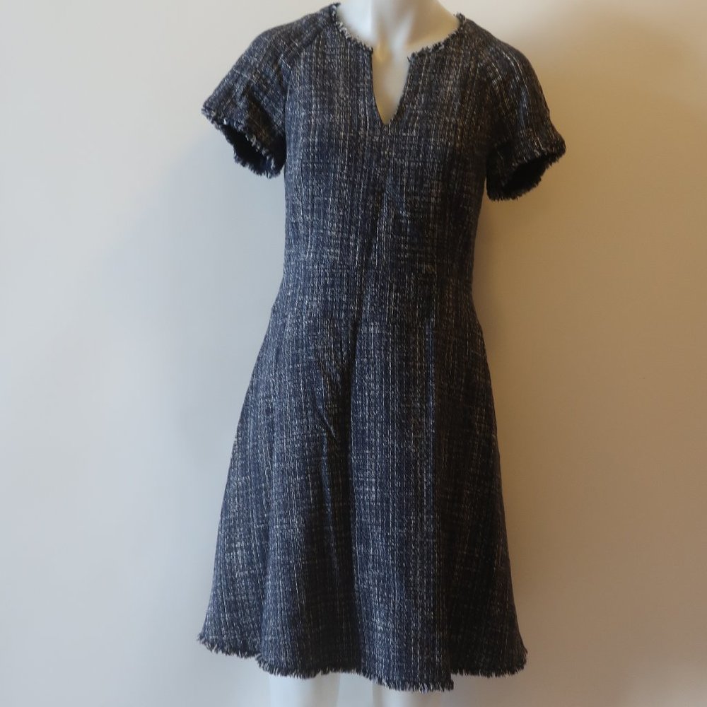 Womens Banana Republic Black Blue Multi V-Neck Tweed A-Line Dress 6 *